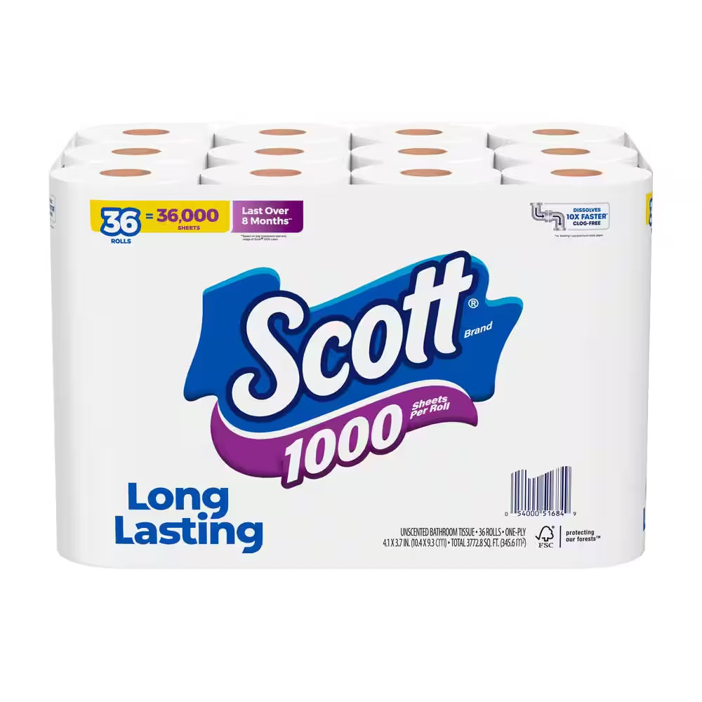 1-Ply White 1000-Sheet Toilet Paper(1000 Sheets per Roll 36 Rolls per Pack)