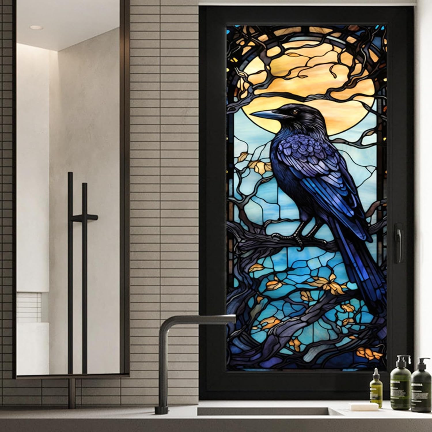 Window Privacy Film Crow Stained Glass Window Film Window Frosted Glass Window Cling Privacy Film Heat Blocking Static Cling Day and Night Home Door Window Coverings 17.7"X39.5" (BL172)