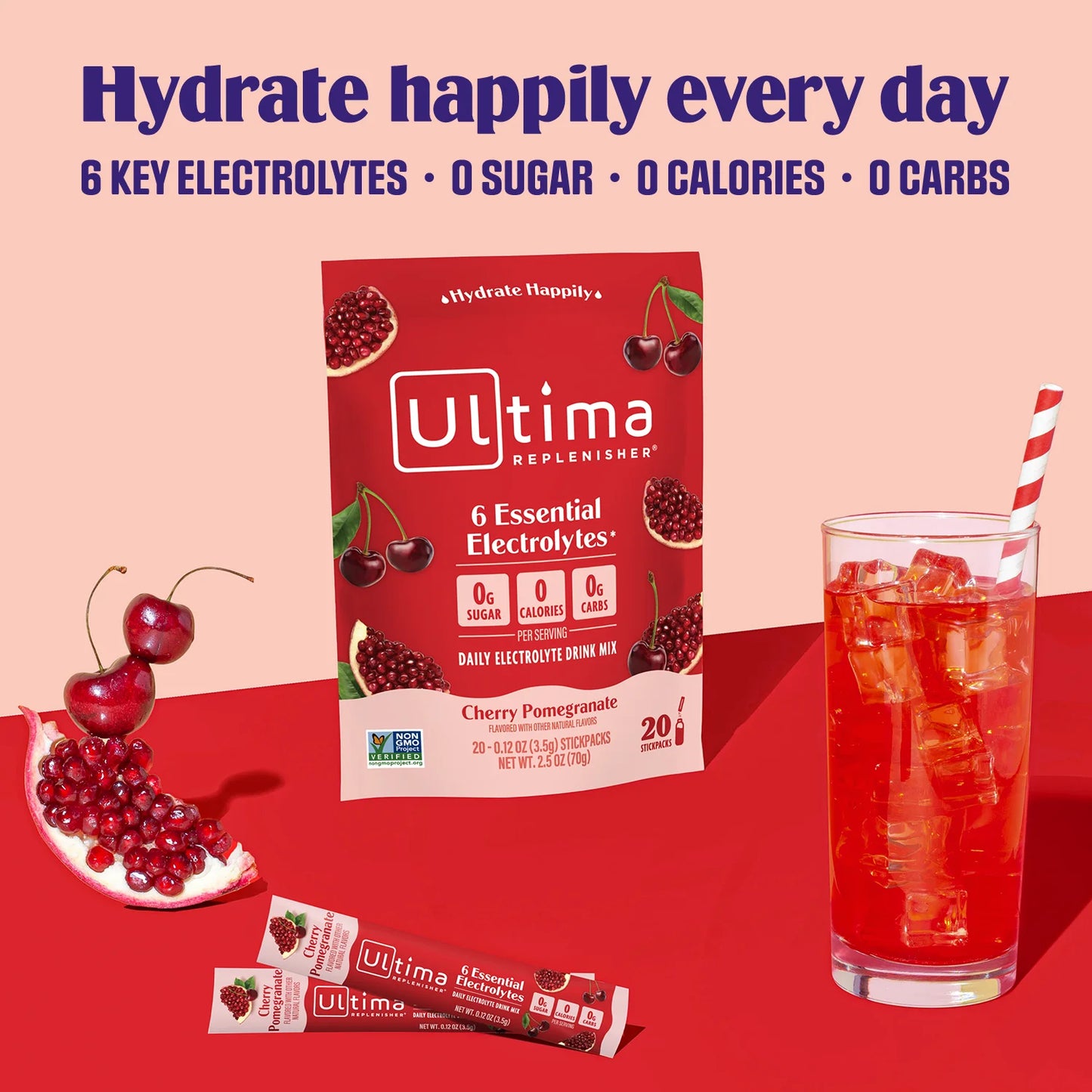 Hydration Electrolyte Drink Mix Packets, Keto Sugar-Free Cherry Pomegranate 20 Ct