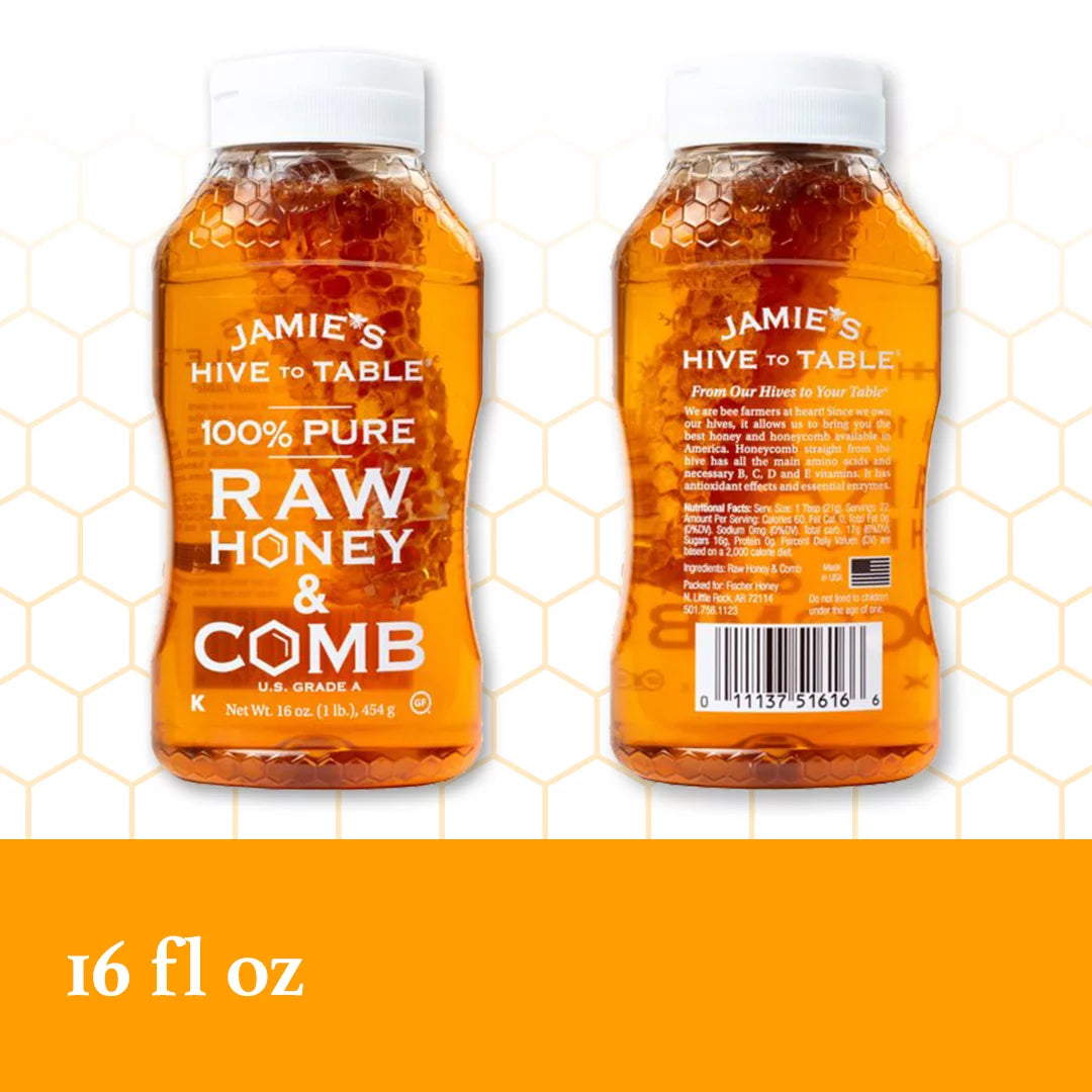 Jamies Hive to Table 100% Raw Honey & Comb, Premium, Pure Honey, 16 Oz Bottle