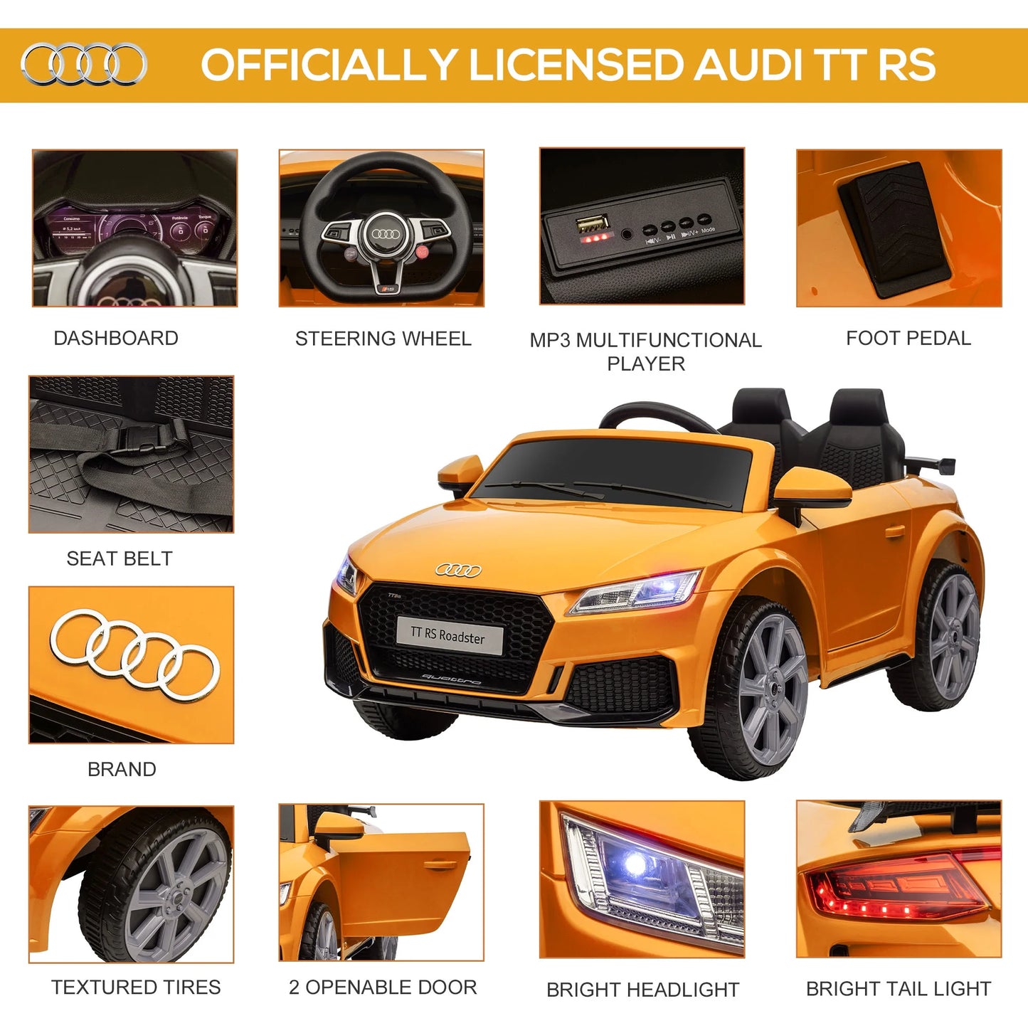 6V Kids Electric Ride on Car, Licensed Audi TT RS with Seat and Remote Control, Horn, Music, MP3, for Kids 3-5 Years Old - Yellow