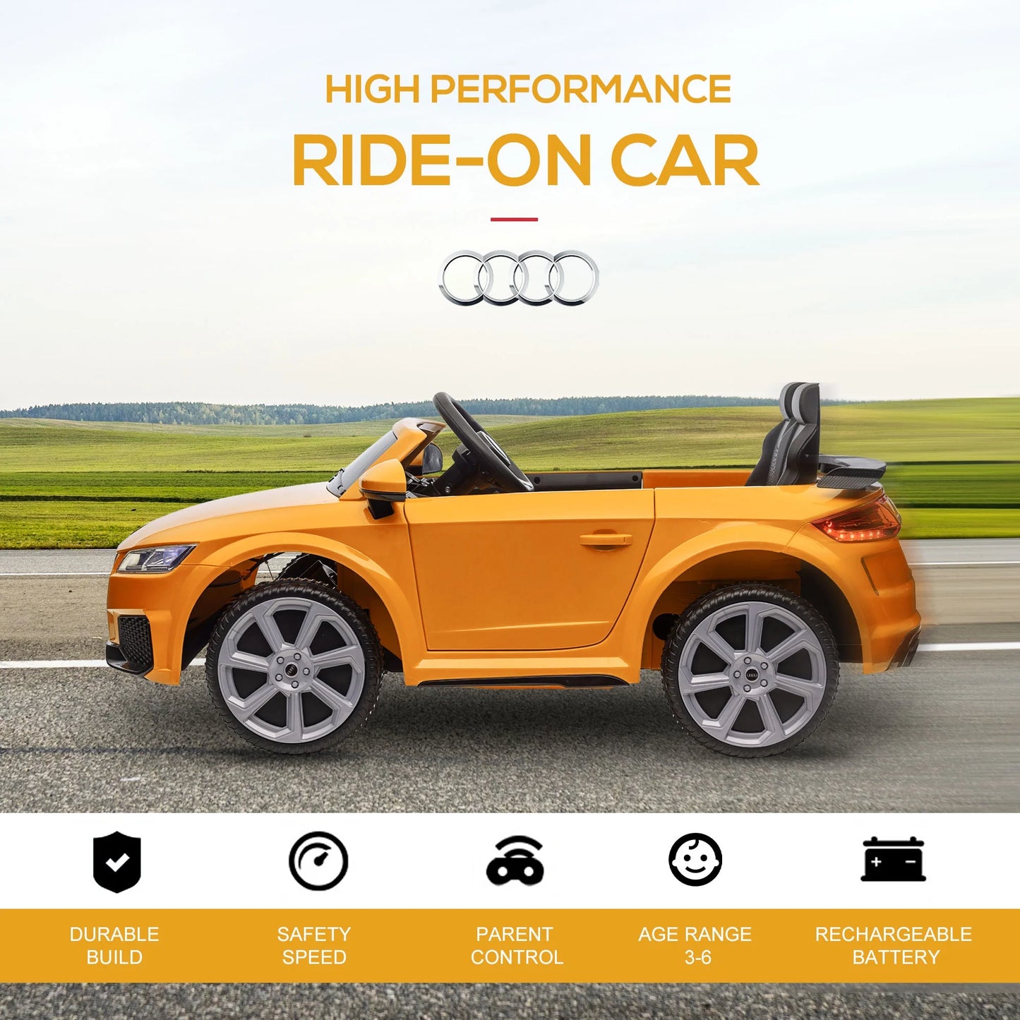 6V Kids Electric Ride on Car, Licensed Audi TT RS with Seat and Remote Control, Horn, Music, MP3, for Kids 3-5 Years Old - Yellow