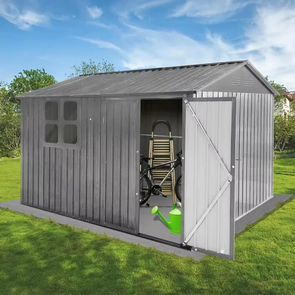 10 X 8FT Outdoor Storage Shed with Window, Hinged Lockable Door, Padlock & Punched Vents, Metal Shed Storage House