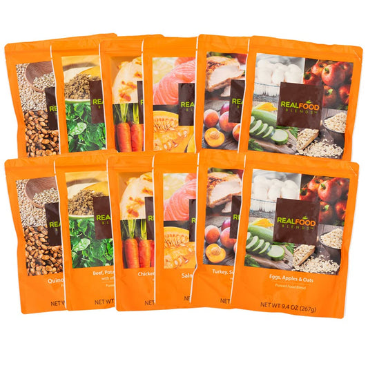 Variety Pack - Pureed Food Pouches for Tube Feeding - Real Foods Blends with Turkey, Salmon & More - Feeding Pouches for Adults & Kids - Peg Tube Meals - 9.4 Oz Pouch (Pack of 12)