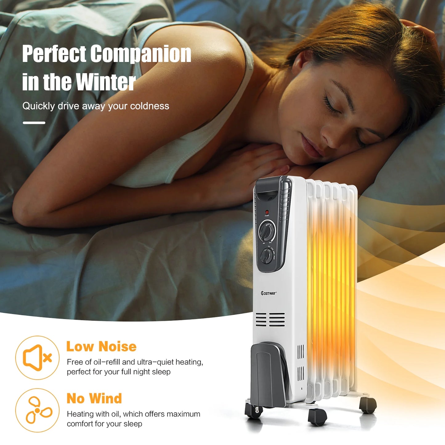 1500W Electric Oil Filled Radiator Space Heater 5.7 Fin Thermostat Room Radiant