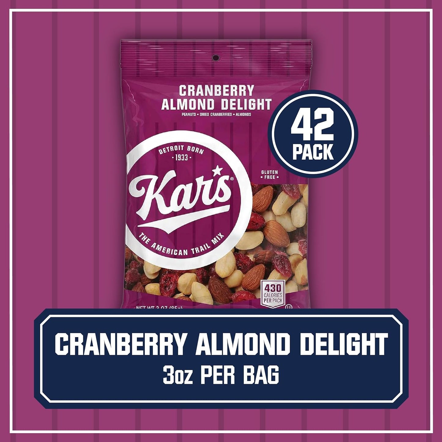 Kar’S Nuts Cranberry Almond Delight Trail Mix, 3 Oz Individual Snack Packs - Bulk Pack of 42, Gluten-Free Snack Mix