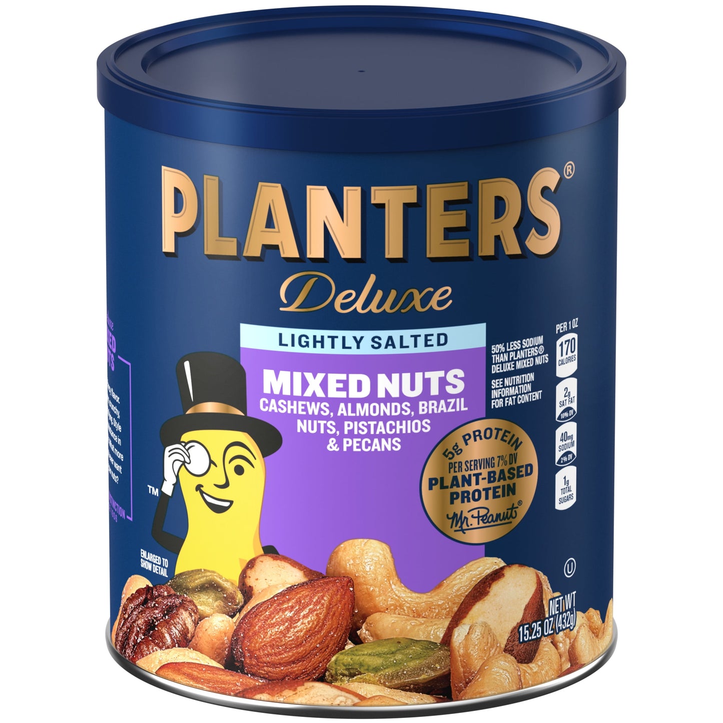 Deluxe Lightly Salted Mixed Nuts, Party Snacks, Plant-Based Protein 15.25Oz (1 Canister)