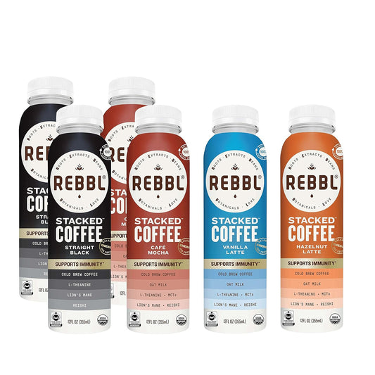 Stacked Coffee | Variety Pack | Plant Based Cold Brew Coffee with Oat Milk and Immunity Support | 12 Ounce (Pack of 6)