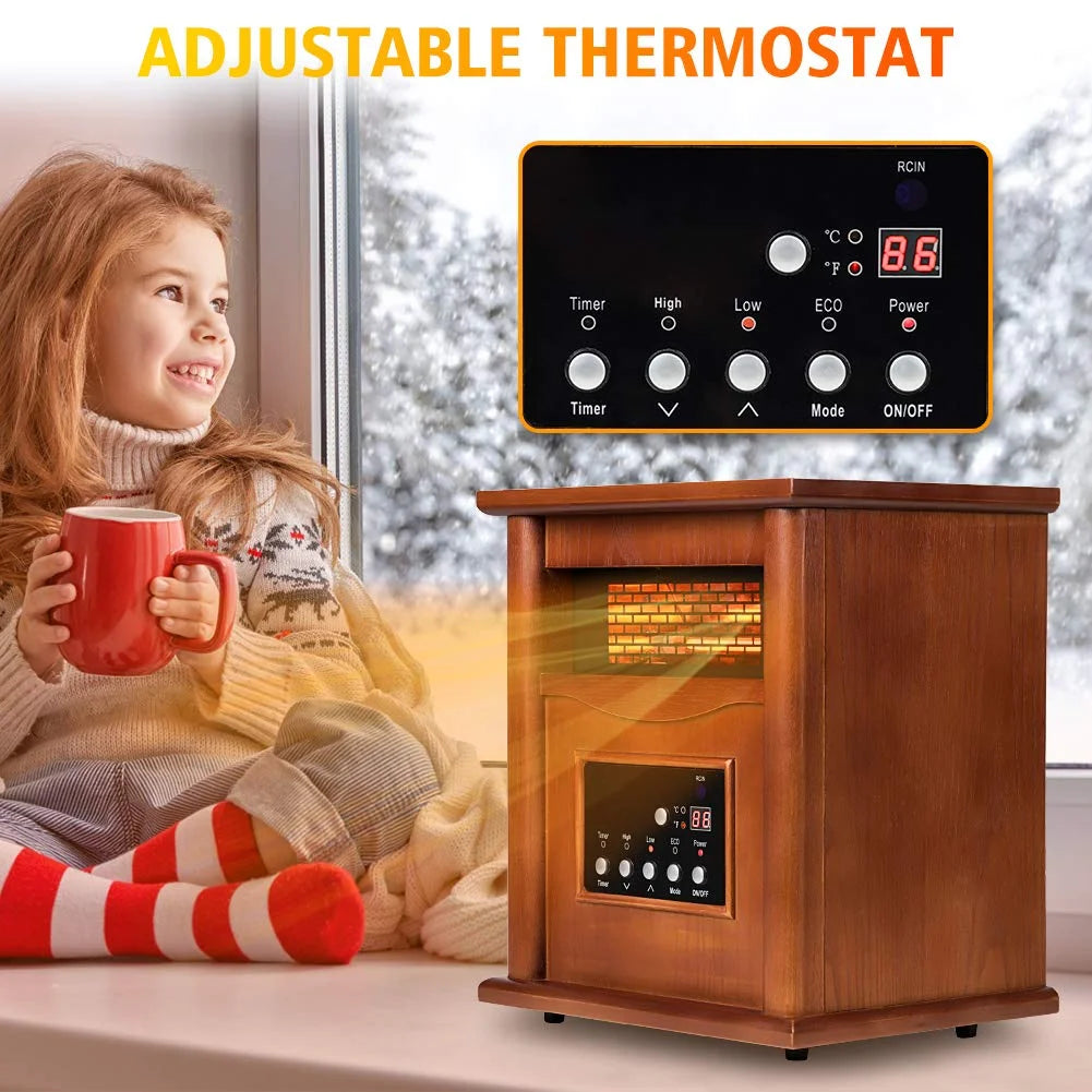 Infrared Space Heaters for Home, Portable Wood Electric Quartz Heater with Remote Control Thermostat Energy Efficient for inside Use