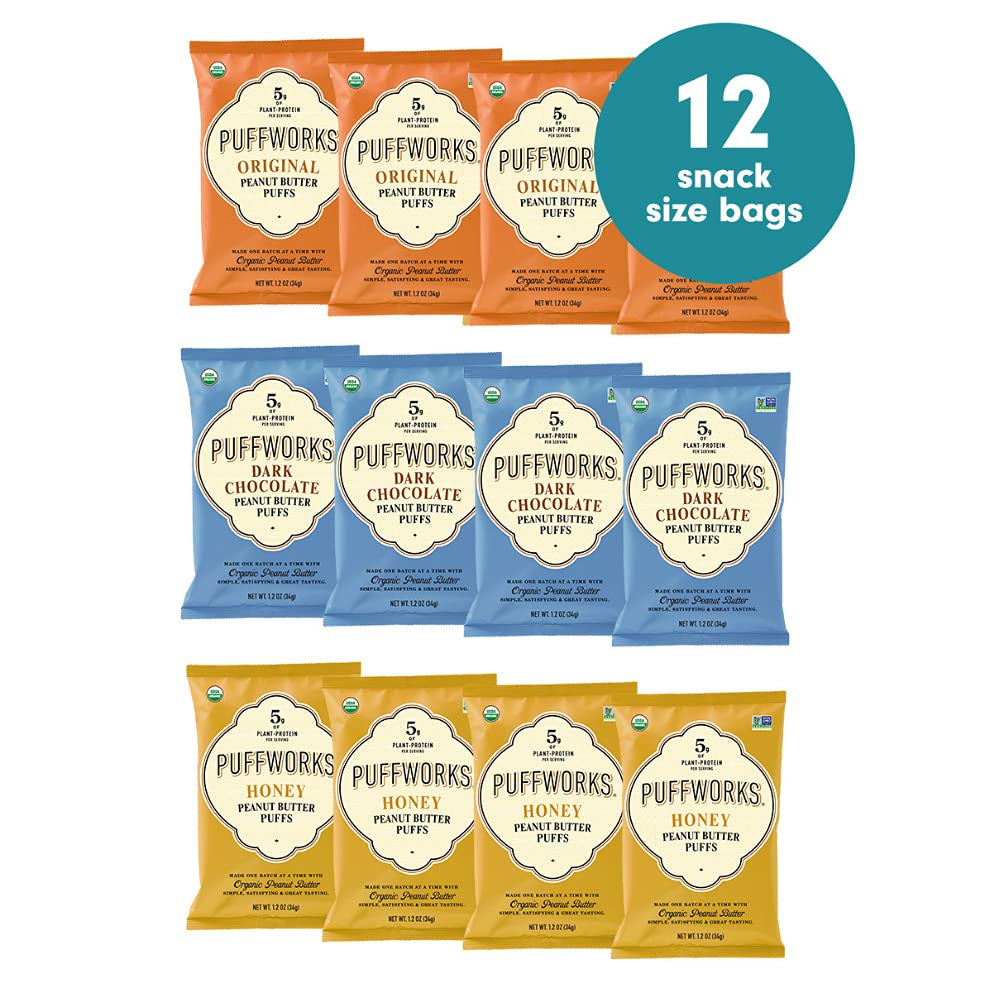 Three Flavor Variety Pack Organic Peanut Butter Puffs Plant-Based Protein Snack, Gluten-Free, Kosher 1.2 Ounce (Pack of 12)