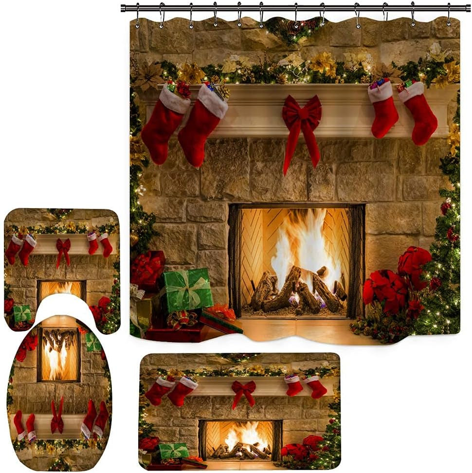 4PCS Christmas Fireplace Shower Curtain Sets, Christmas Tree Stocking Shower Curtain Sets with Rugs, Toilet Lid Cover and Bath Mat for Bathroom Set Decor Christmas Bathroom Decor Theme