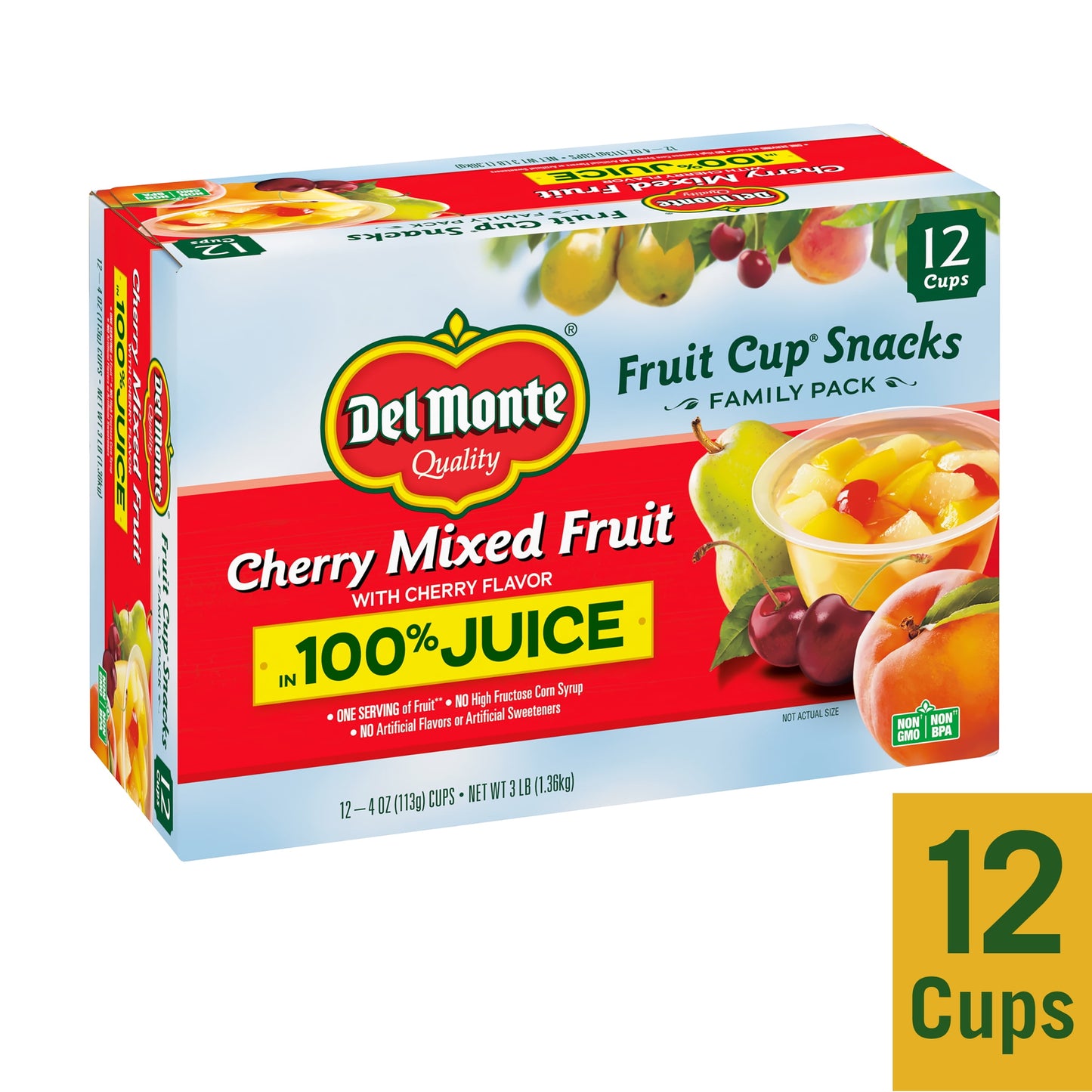 (12 Cups)  Cherry Mixed Fruit Cup Snacks in 100% Juice, 4 Oz