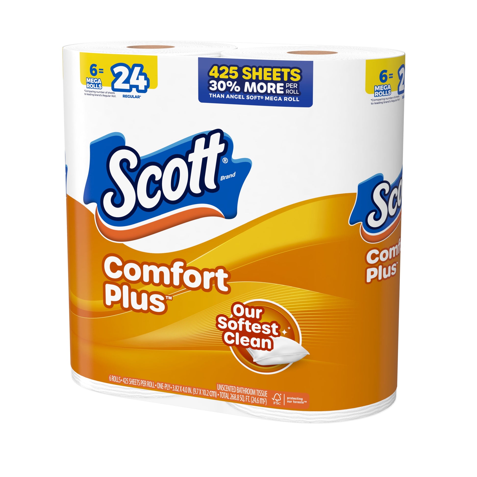 Comfortplus Toilet Paper, 6 Mega Rolls, 425 Sheets per Roll, Septic-Safe, 1-Ply Toilet Tissue