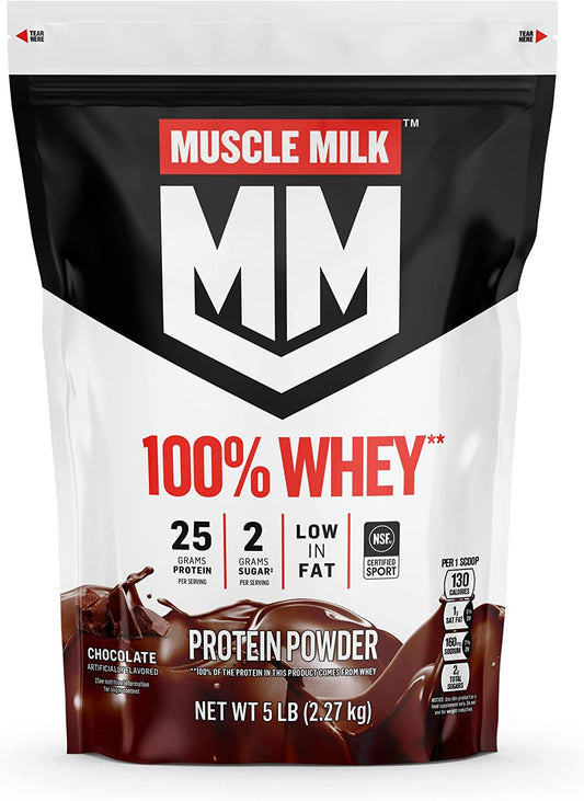 100% Whey Protein Powder, Chocolate, 5 Pound, 66 Servings, 25G Protein, 2G Sugar, Low in Fat, NSF Certified for Sport, Energizing Snack, Workout Recovery, Packaging May Vary