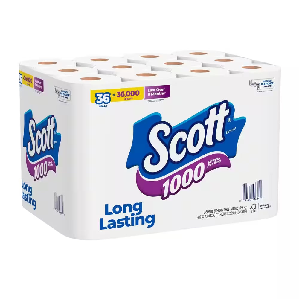 1-Ply White 1000-Sheet Toilet Paper(1000 Sheets per Roll 36 Rolls per Pack)