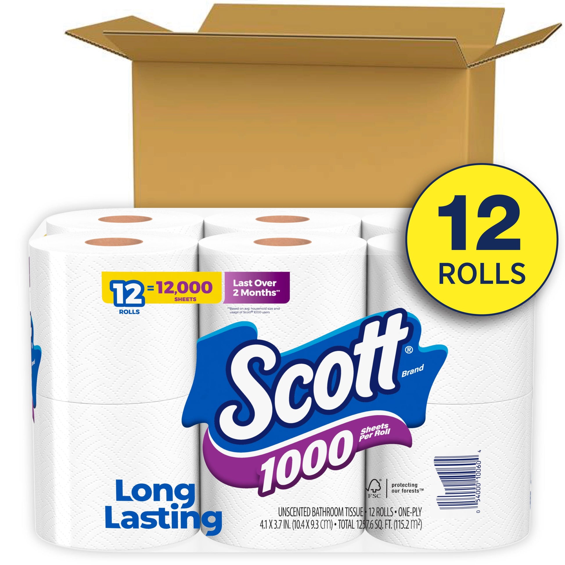 (4 Pack)  1000 Toilet Paper, 12 Rolls, 1,000 Sheets per Roll