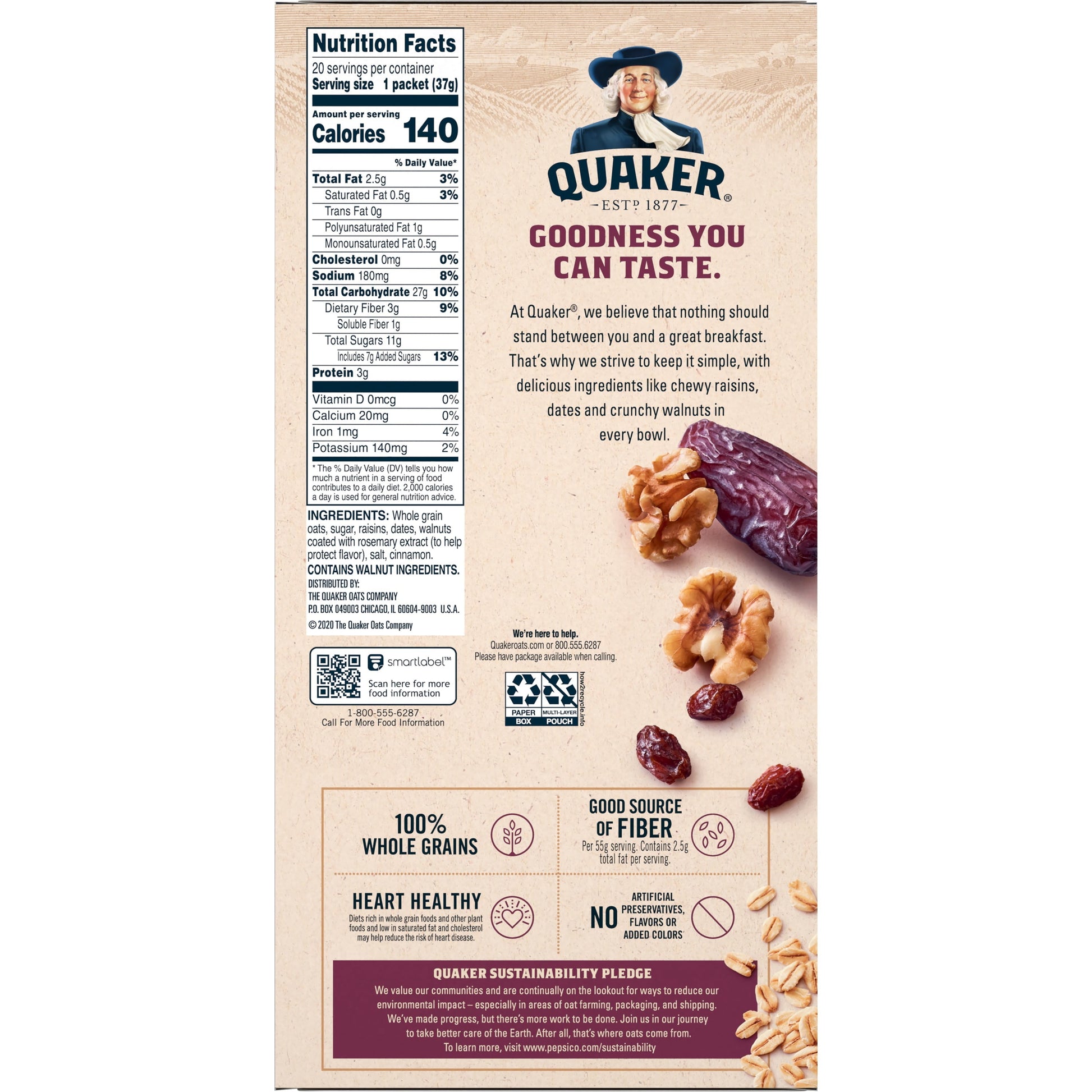 , Instant Oatmeal, Raisin, Date & Walnut, 1.30 Oz, 20 Packets