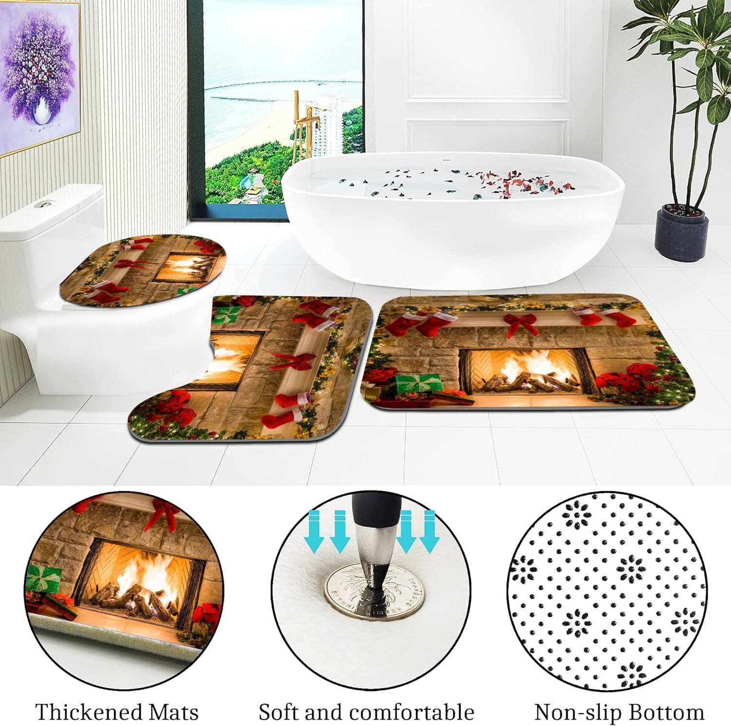 4PCS Christmas Fireplace Shower Curtain Sets, Christmas Tree Stocking Shower Curtain Sets with Rugs, Toilet Lid Cover and Bath Mat for Bathroom Set Decor Christmas Bathroom Decor Theme