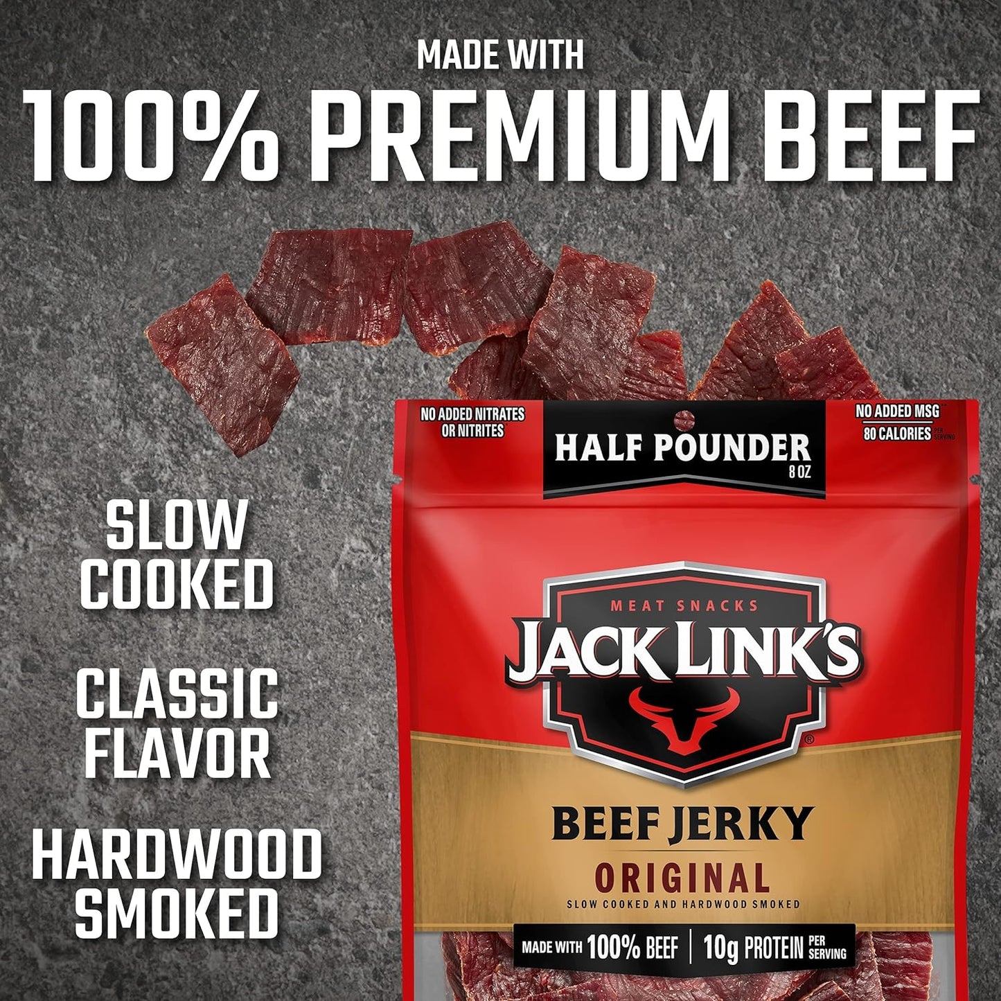 Beef Jerky, Original, 1/2 Pounder Bag - Flavorful Meat Snack, 10G of Protein and 80 Calories, Made with Premium Beef - 96% Fat Free, No Added MSG** or Nitrates/Nitrites, 8Oz