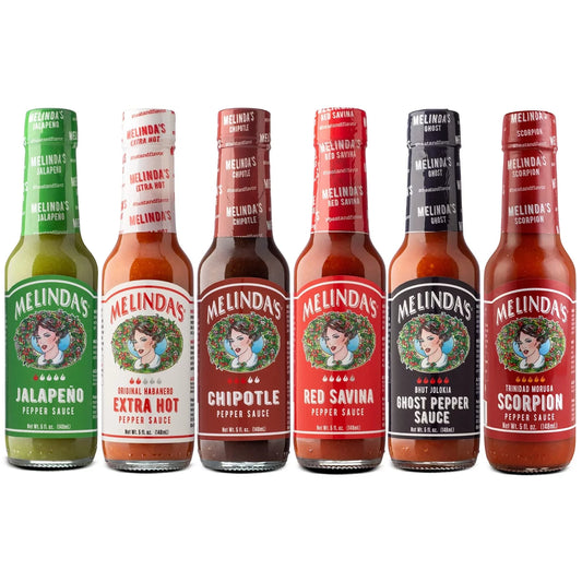 Melindas Pepper Sauce Challenge Collection - Extra Spicy Gourmet Hot Sauce Gift Set with Variety of Chile Peppers - Includes Jalapeo, Extra Hot Habanero, Chipotle, Red Savina, Ghost, Scorpion- 5 Oz,