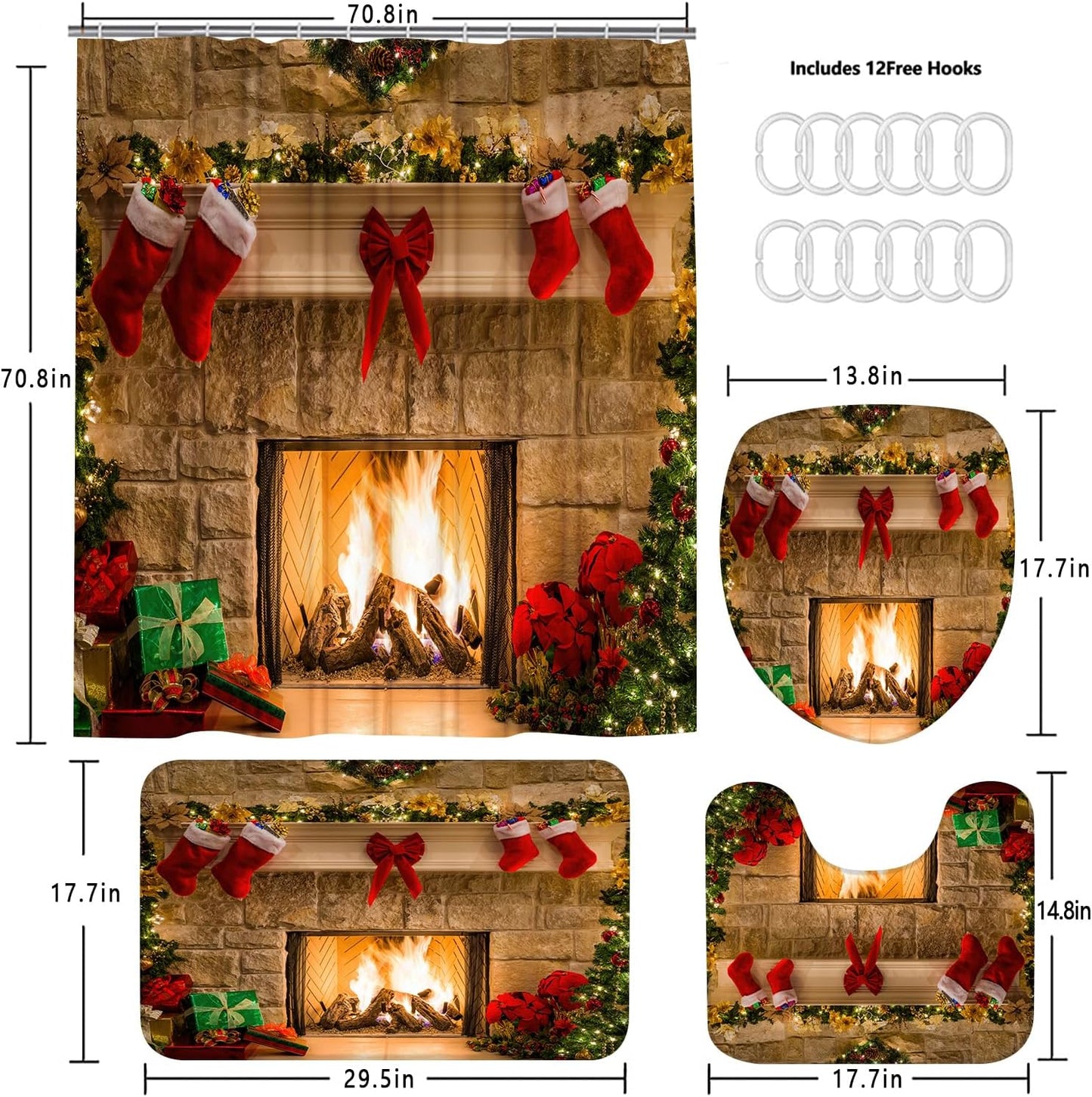 4PCS Christmas Fireplace Shower Curtain Sets, Christmas Tree Stocking Shower Curtain Sets with Rugs, Toilet Lid Cover and Bath Mat for Bathroom Set Decor Christmas Bathroom Decor Theme