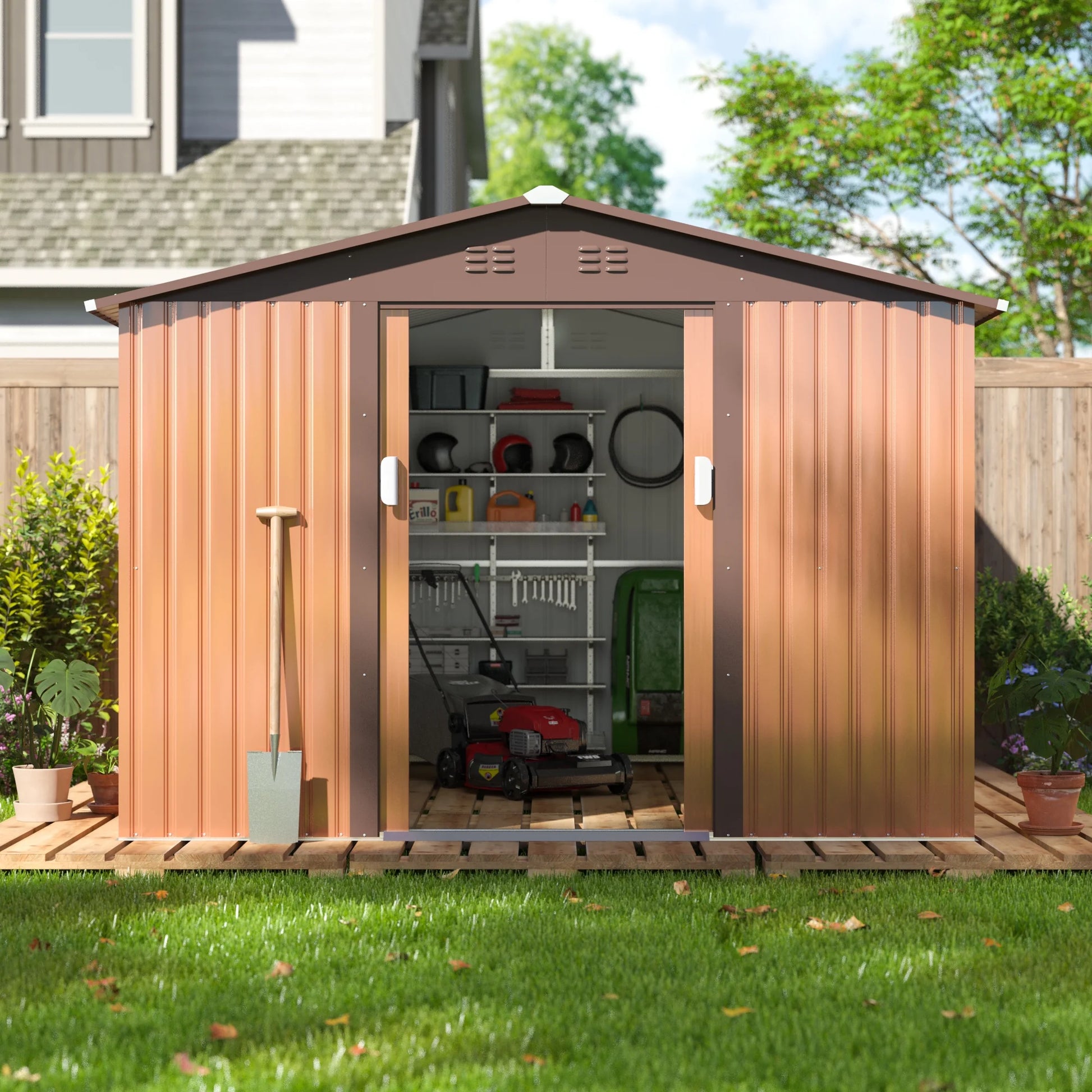 9.1 X 10.5 Ft. Outdoor Metal Storage Shed, Tool House with Lockable Sliding Doors, Vent for Garden Backyard Patio Lawn, Brown