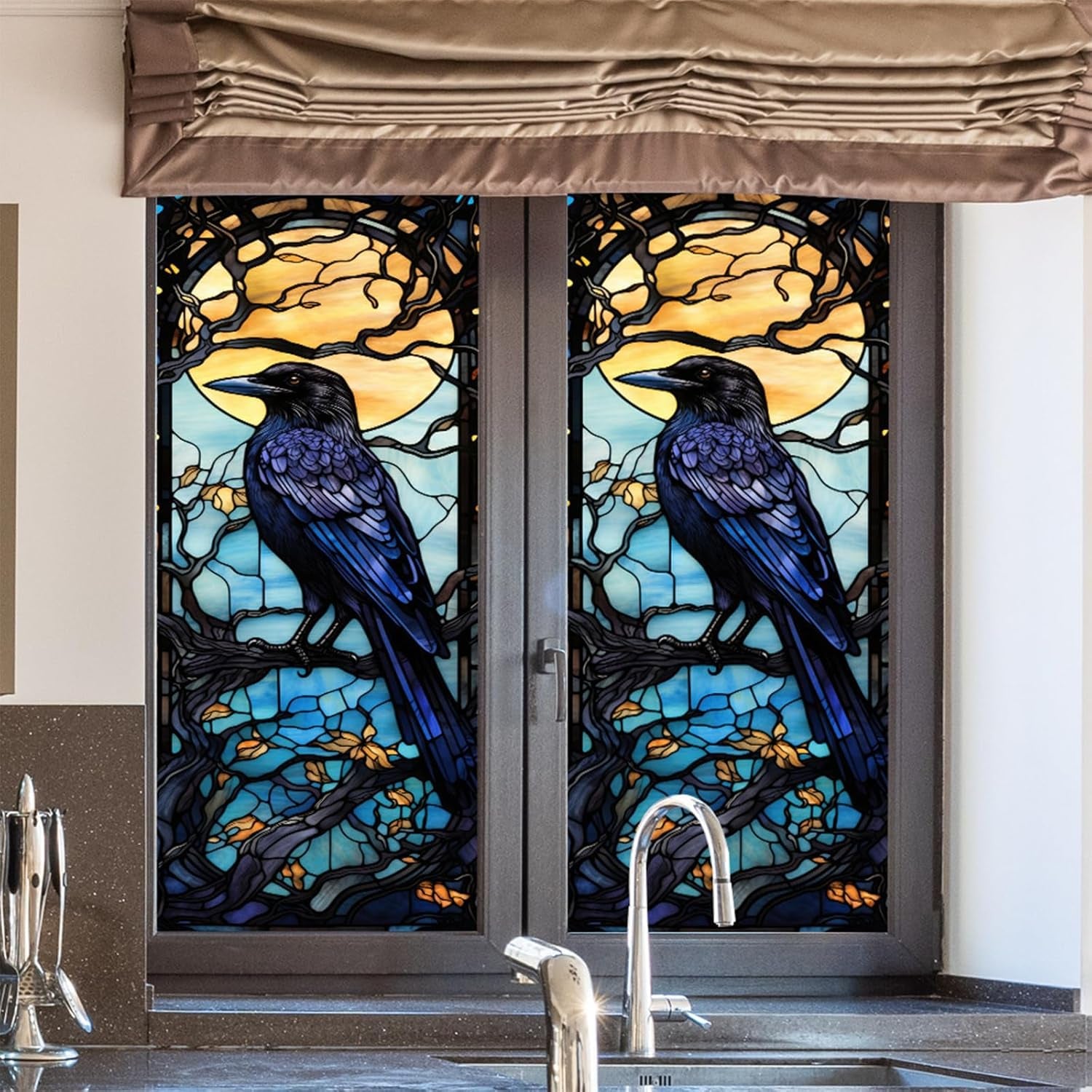 Window Privacy Film Crow Stained Glass Window Film Window Frosted Glass Window Cling Privacy Film Heat Blocking Static Cling Day and Night Home Door Window Coverings 17.7"X39.5" (BL172)