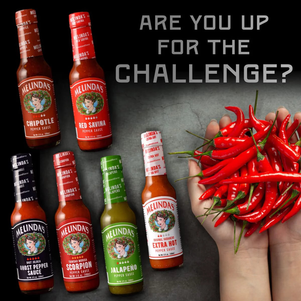 Melindas Pepper Sauce Challenge Collection - Extra Spicy Gourmet Hot Sauce Gift Set with Variety of Chile Peppers - Includes Jalapeo, Extra Hot Habanero, Chipotle, Red Savina, Ghost, Scorpion- 5 Oz,