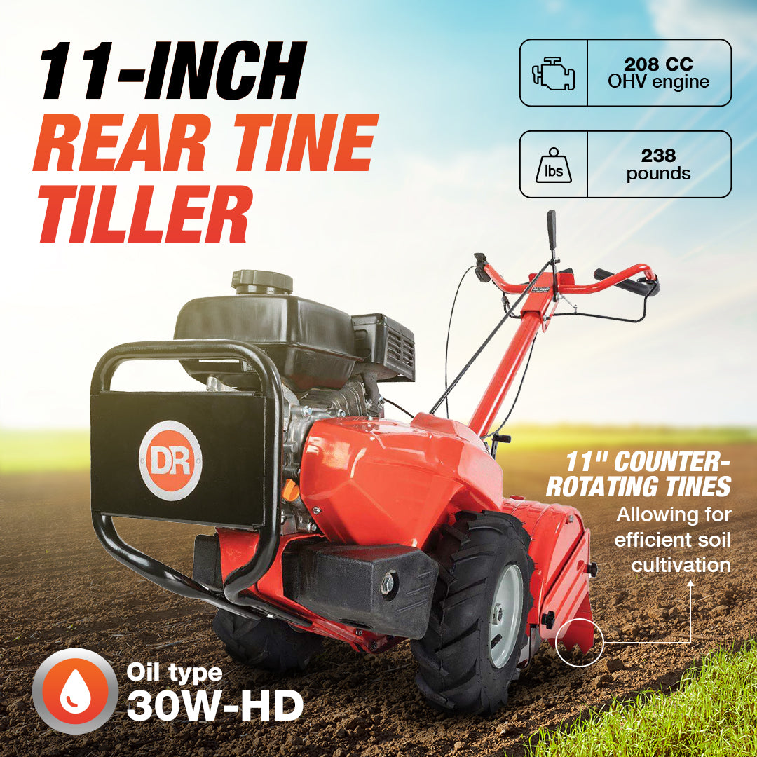 11 Inch Rear Tine Walk behind Tiller with Counter Rotating Tines, Orange