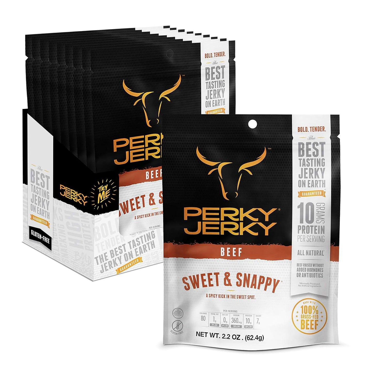 Sweet and Snappy 100% Grass Fed Beef Jerky, 2.2Oz (Pack of 12) - Antibiotic Free - 10G Protein per Serving - Low Fat - Tender Texture