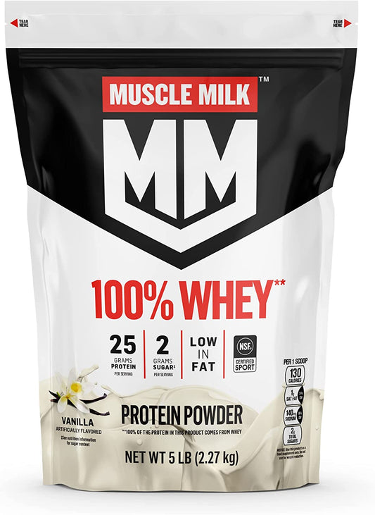 100% Whey Protein Powder, Vanilla, 5 Pound, 68 Servings, 25G Protein, 2G Sugar, Low in Fat, NSF Certified for Sport, Energizing Snack, Workout Recovery, Packaging May Vary