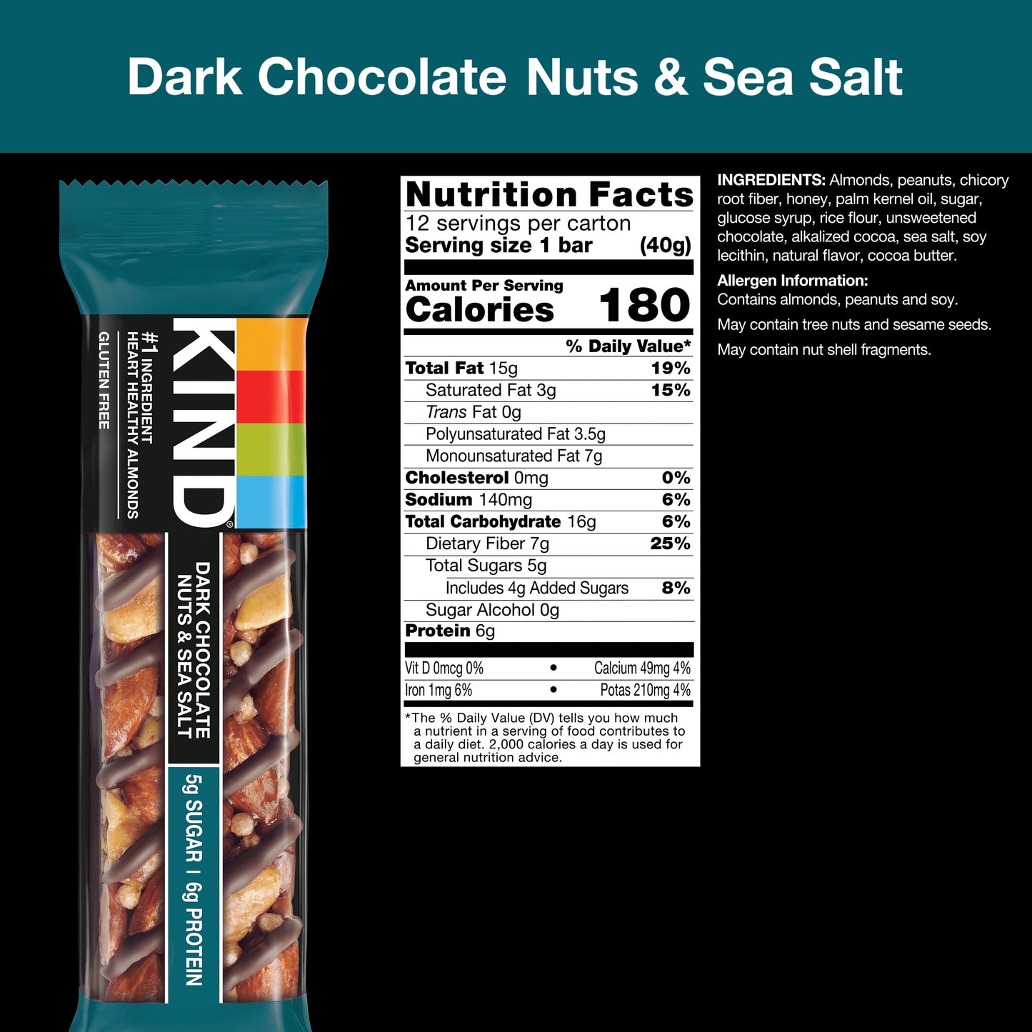 Gluten Free Dark Chocolate Nuts & Sea Salt Snack Bars, Value Pack, 1.4 Oz, 12 Count