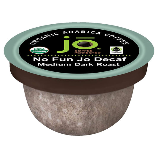 No Fun Jo Decaf: 72 Organic Compostable Pods for Keurig K-Cup Compatible Brewers, Swiss Water Process Single Serve Coffee Medium/Dark Roast Fair Trade