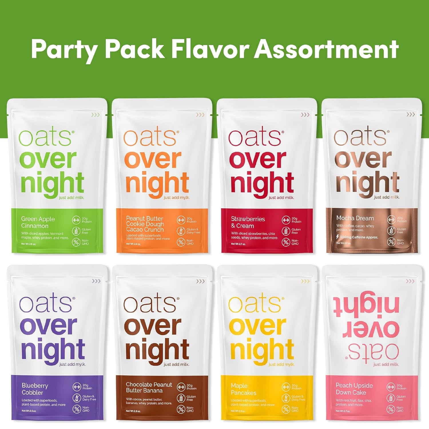 - Party Variety Pack High Protein, High Fiber Breakfast Shake - Gluten Free, Non GMO Oatmeal Strawberries & Cream, Green Apple Cinnamon & More (8 Pack)
