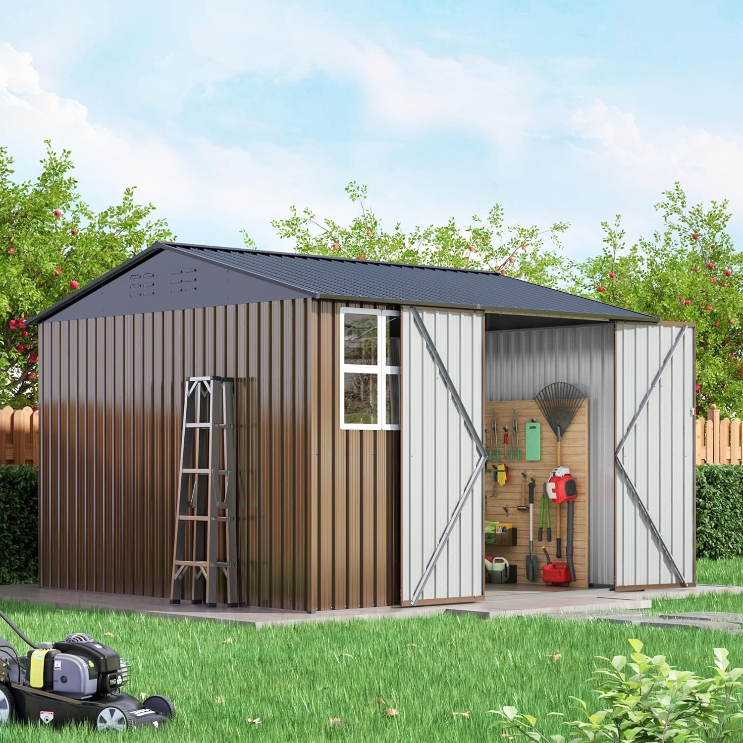 10X10 FT Outdoor Storage Shed, Large Metal Tool Sheds with Updated Frame Structure and Lockable Doors, Garden Shed for Backyard Garden Patio Lawn, Brown