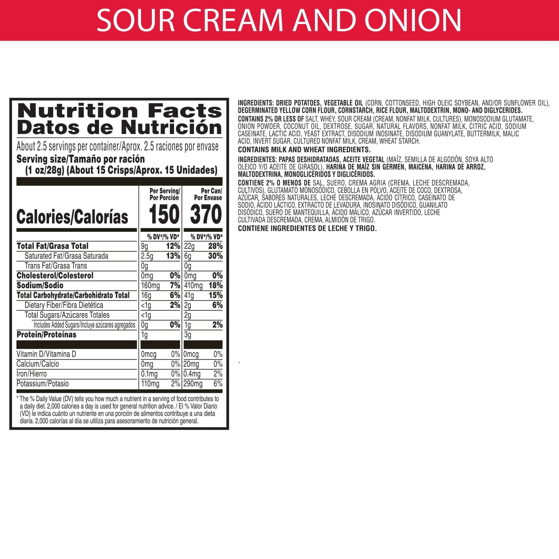 Sour Cream and Onion Potato Crisps Chips, Lunch Snacks, 2.5 Oz, 12 Count