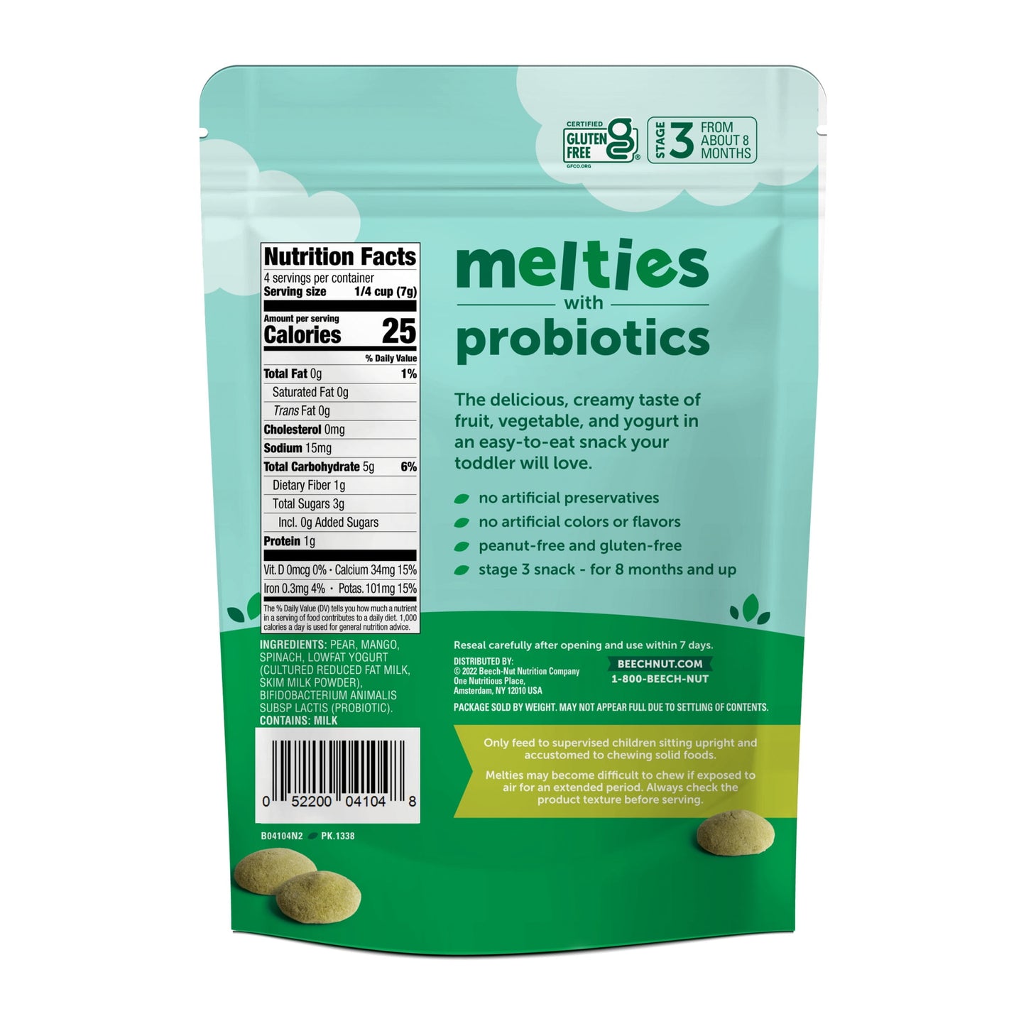 Probiotic Melties Pear Mango Spinach Yogurt Melts Toddler Snack, 1Oz (7 Pack)