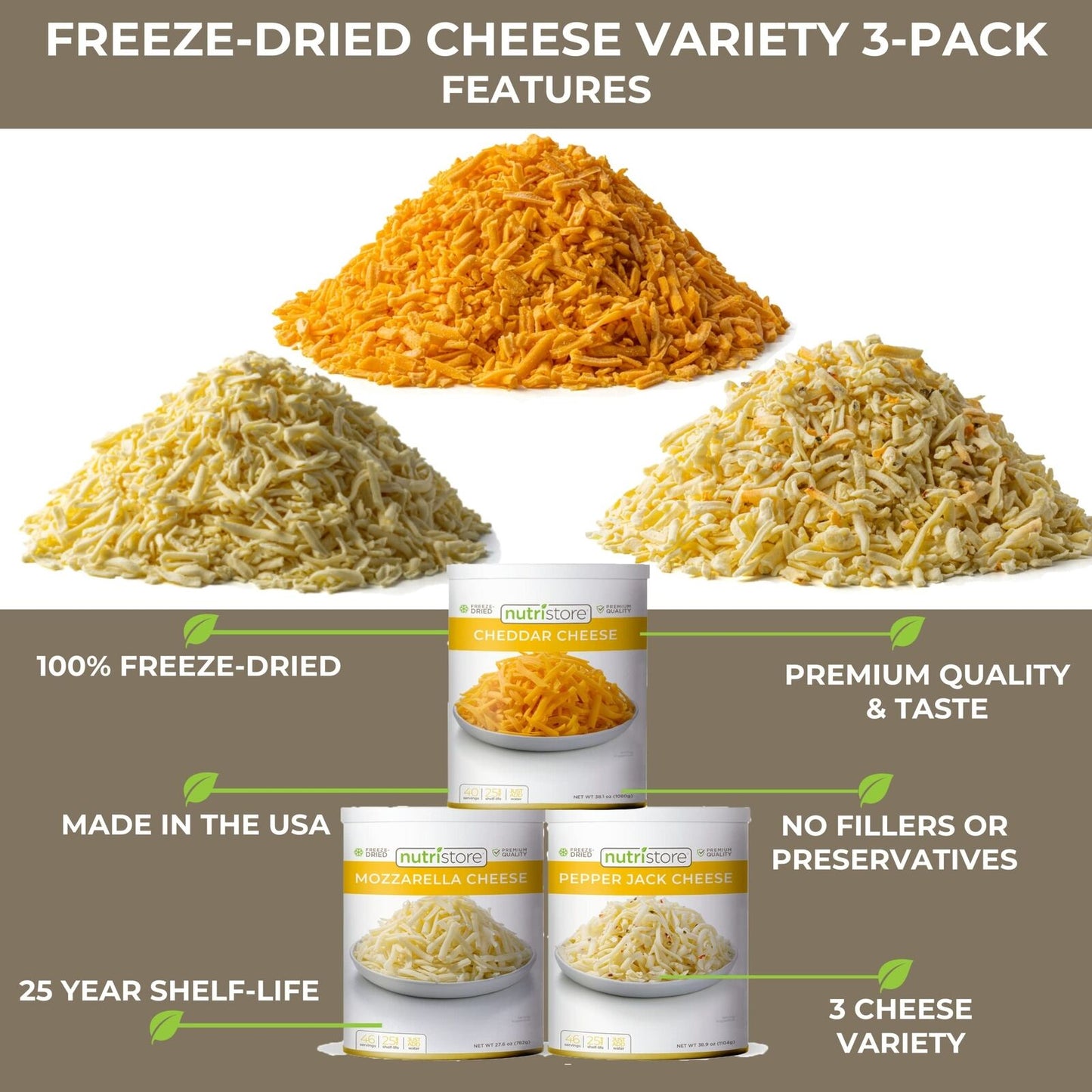 Nutristore Freeze-Dried Cheese Sample Variety 3-Pack | Cheddar, Mozzarella, &...