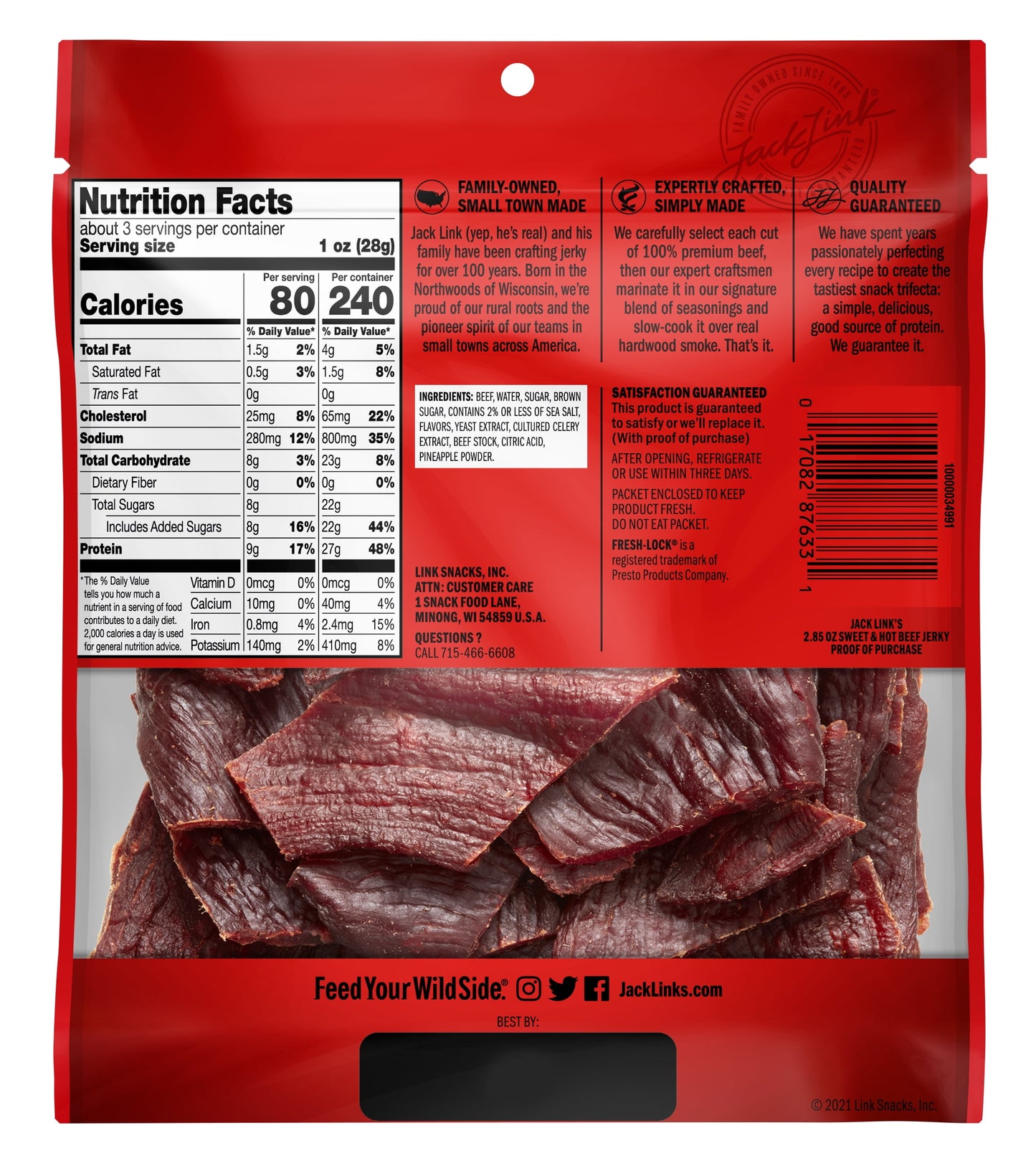 Jack Link’S Beef Jerky, Sweet & Hot, 100% Beef, 9G of Protein per Serving, 2.85 Oz Bag