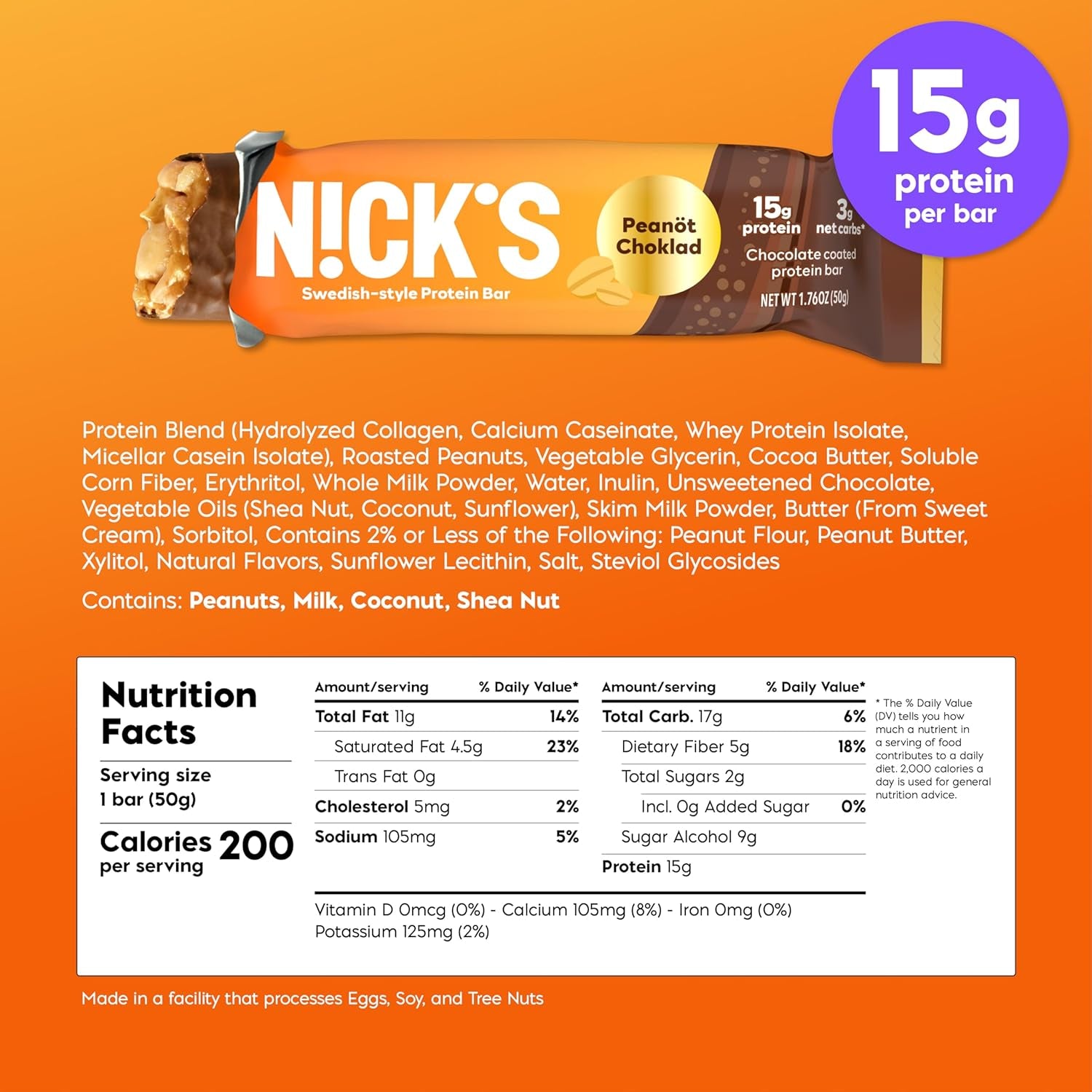 NICKS Protein Bars Chocolate Peanut | 15G Protein | 200 Calories | Low Carb Keto Friendly Snacks No Added Sugar (Multipack 12 Bars X 50G)