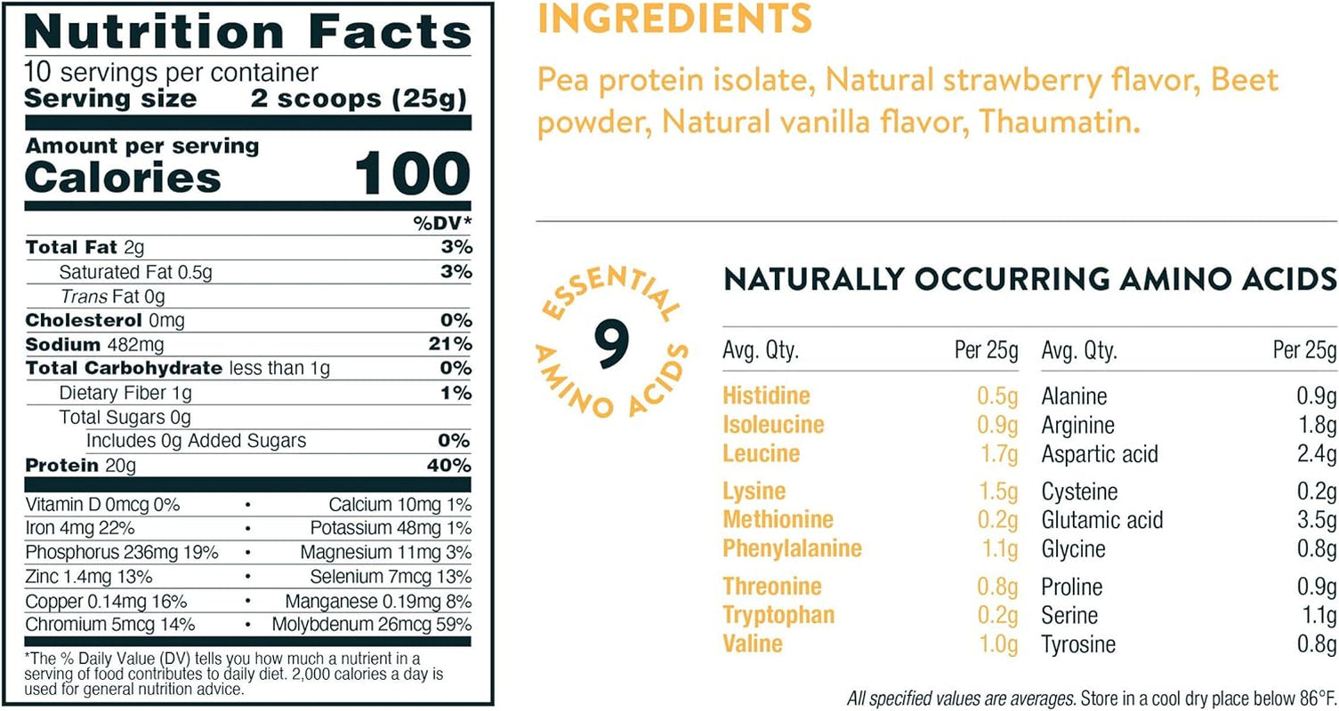 - Vegan Pea Protein Powder - Clean Lean Protein, Premium Plant Based Protein Powder, Dairy Free, Gluten Free, GMO Free, Protein Shake, Wild Strawberry, 10 Servings, 8.8 Oz