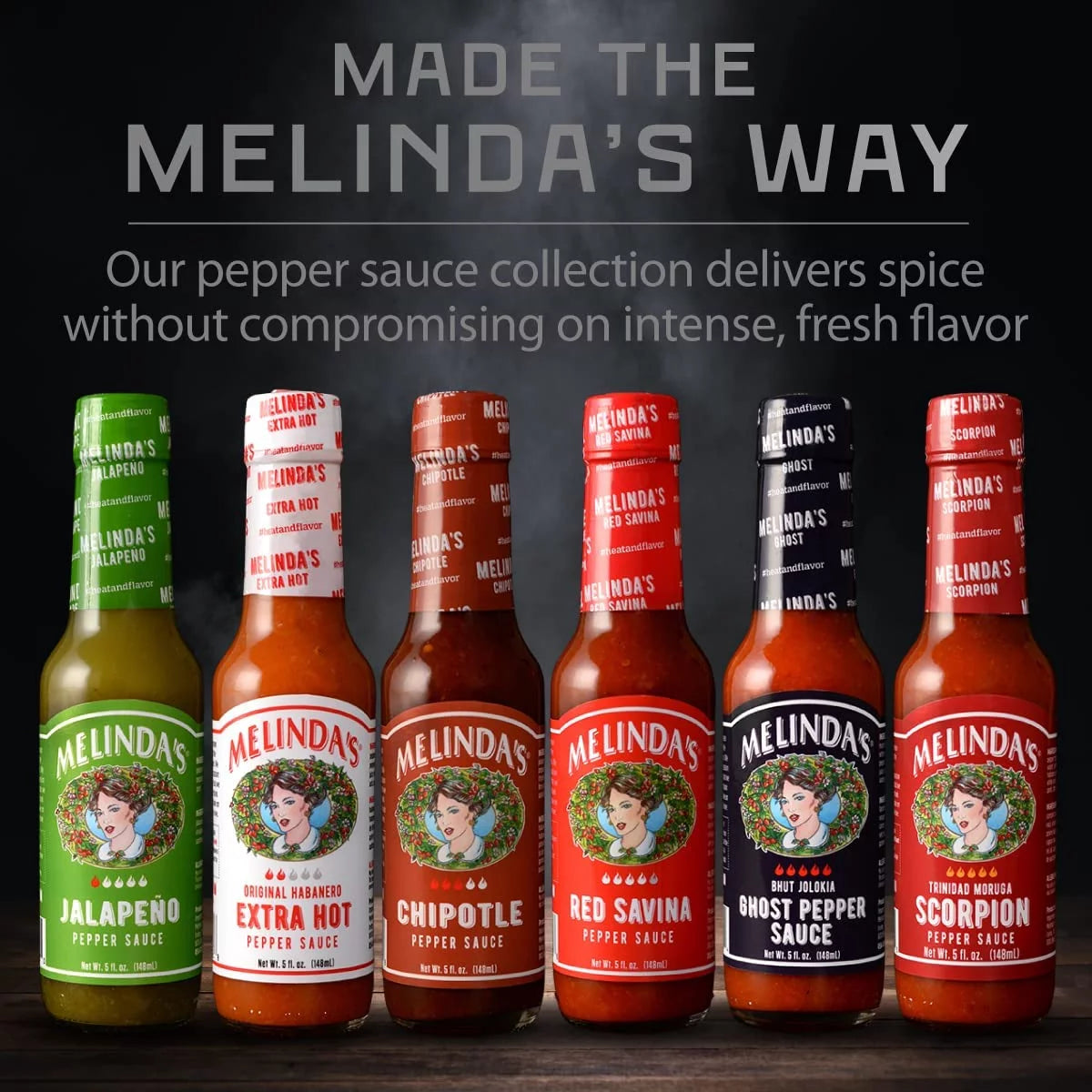 Melindas Pepper Sauce Challenge Collection - Extra Spicy Gourmet Hot Sauce Gift Set with Variety of Chile Peppers - Includes Jalapeo, Extra Hot Habanero, Chipotle, Red Savina, Ghost, Scorpion- 5 Oz,