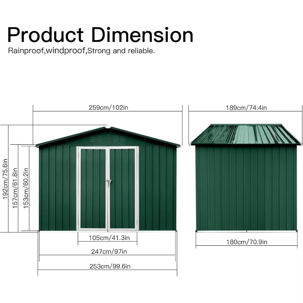 Metal Outdoor Storage Shed 8FT X 6FT, Steel Utility Tool Shed Storage House with Door & Lock, for Backyard Garden Patio Lawn