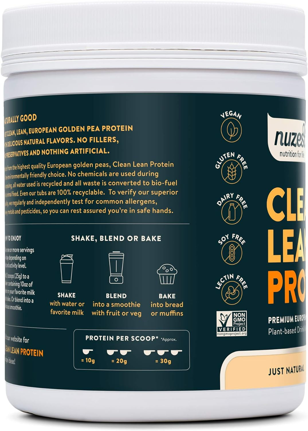 - Pea Protein Powder - Clean Lean Protein, Premium Vegan Plant Based Protein Powder, Dairy Free, Gluten Free, GMO Free, Protein Shake, Just Natural (UNFLAVORED), 20 Servings, 1.1 Lb