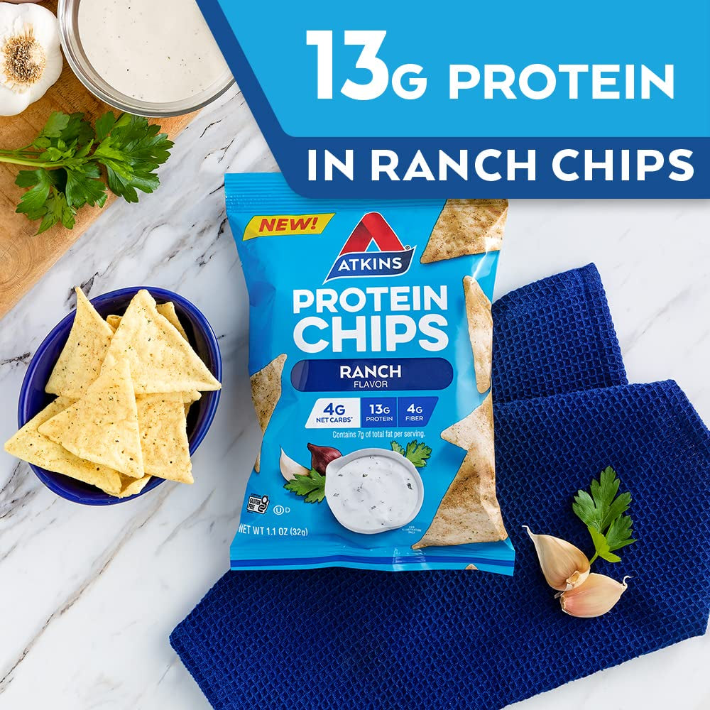 Atkins Protein Chips, Ranch, Keto Friendly, Baked Not Fried,1.1 Oz(Pack of 12)