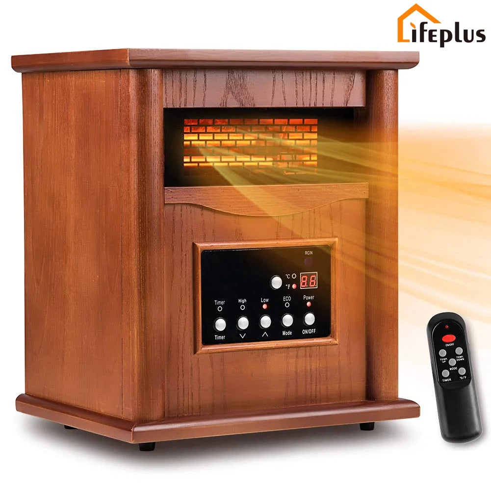 Infrared Space Heaters for Home, Portable Wood Electric Quartz Heater with Remote Control Thermostat Energy Efficient for inside Use