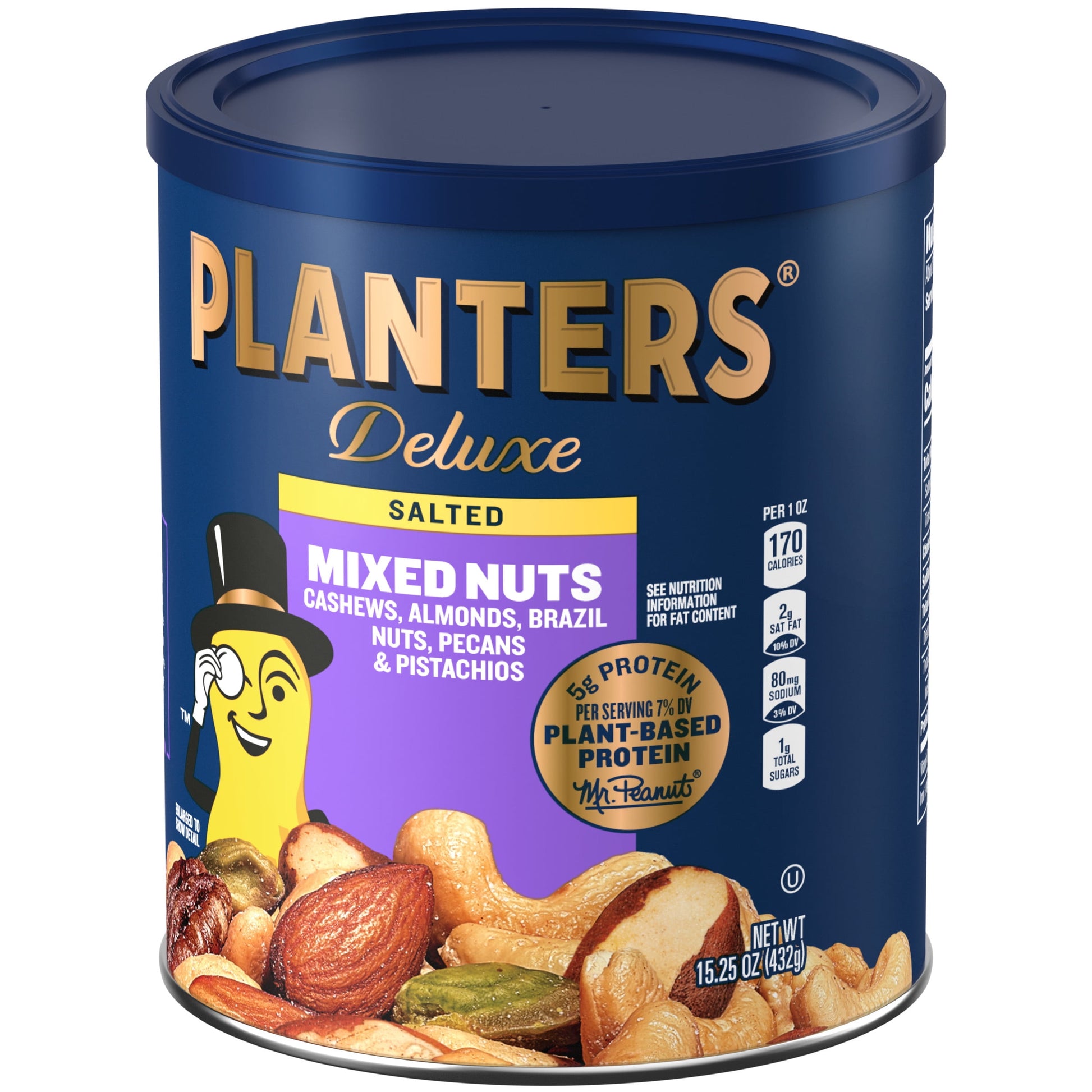 Deluxe Salted Mixed Nuts, Party Snacks, Plant-Based Protein 15.25Oz (1 Canister)