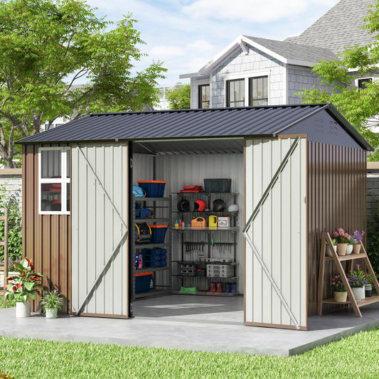 10X10 FT Outdoor Storage Shed, Large Metal Tool Sheds with Updated Frame Structure and Lockable Doors, Garden Shed for Backyard Garden Patio Lawn, Brown