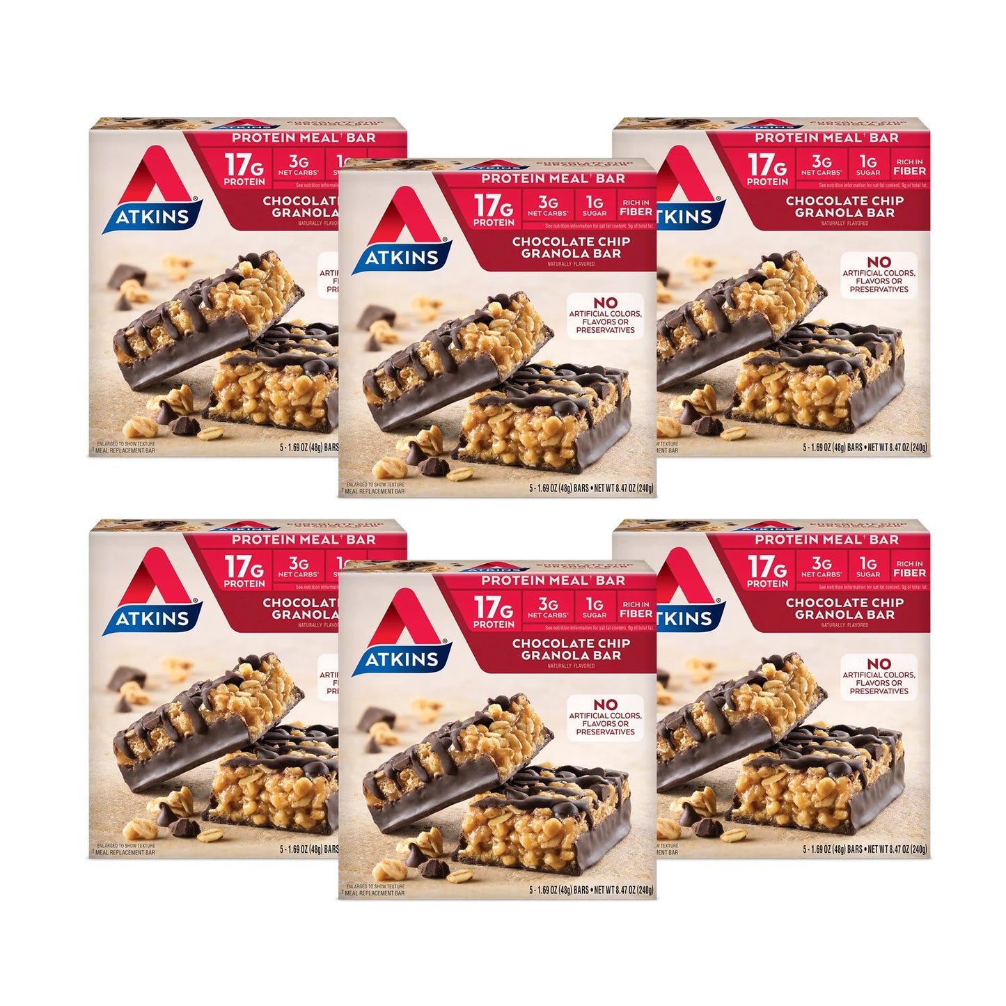 Chocolate Chip Granola Protein Meal Bar, Low Sugar, Meal Replacement, Keto Friendly, 6/5 Packs