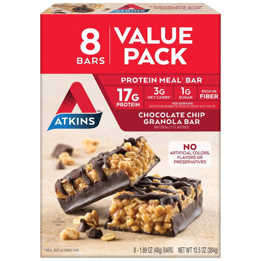 Chocolate Chip Granola Protein Meal Replacement Bar, High Fiber, Low Sugar, Keto Friendly, 8 Ct